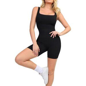 Women Black Shapewear Jumpsuits Built Bra Square Neck Rompers Shorts Bodycon